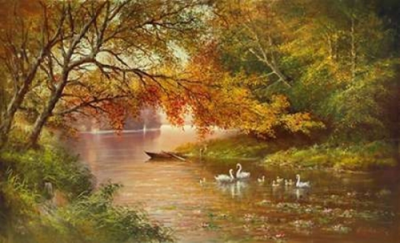 Swan Family In Autumn Poster Print by Helmut Glassl - Item # VARPDX87091